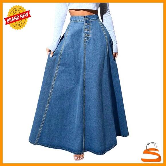 High Waisted Button Fly Flared Denim Maxi Skirt Pleated Swing A-Line - Picture 1 of 7